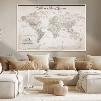 93034948-MGV-CV-36X24-Personalized World Map Wall Art – Vintage Beige Adventure Travel Map with Custom Names, Elegant Push Pin Canvas for Couples,