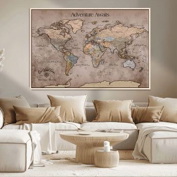 93226713-MGV-CV-36X24-Personalized World Map Wall Art – Adventure Awaits Rustic Earth-Tone Travel Map with Custom Names, Vintage Wall Decor for Couples,