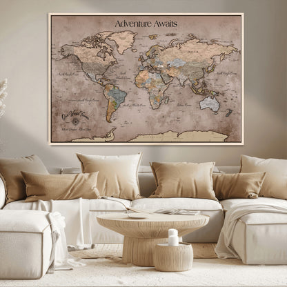 93226713-MGV-CV-36X24-Personalized World Map Wall Art – Adventure Awaits Rustic Earth-Tone Travel Map with Custom Names, Vintage Wall Decor for Couples,