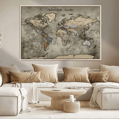 72658967-MGV-CV-36X24-Personalized World Map Wall Art – Adventure Awaits Rustic Sepia Travel Map with Custom Names, Vintage Wall Decor for Couples, Home