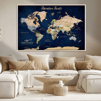 80965072-MGV-CV-36X24-Personalized World Map Wall Art – Adventure Awaits Navy Blue Travel Map with Custom Names, Rustic Vintage Wall Decor for Couples,