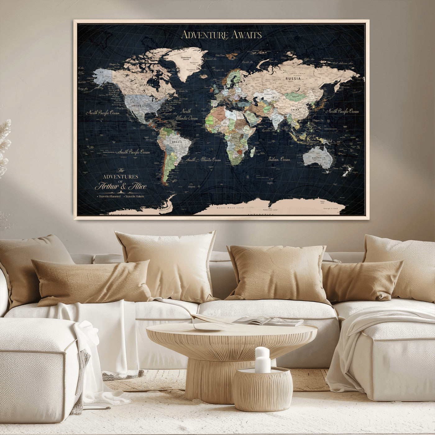15547583-MGV-CV-36X24-Personalized World Map Wall Art – Rustic Navy Adventure Awaits Travel Map with Custom Couple Names, Vintage Wall Decor for Home or