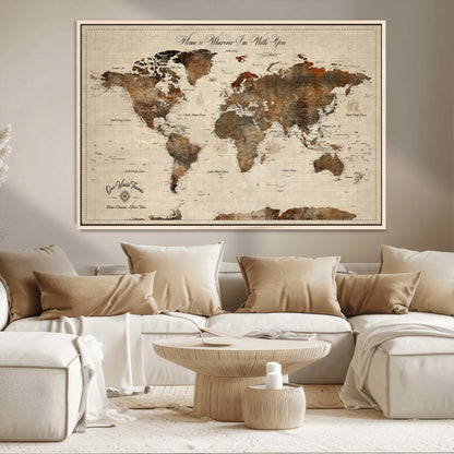 48225643-MGV-CV-36X24-Personalized World Map Wall Art – Rustic Vintage Adventure Travel Map with Custom Couple Names, Romantic Wall Decor for Home or