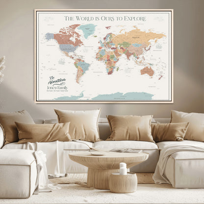 69180591-MGV-CV-36X24-Personalized World Map Wall Art – Rustic Vintage Adventure Travel Map with Custom Family Names, Unique Wall Decor for Couples,