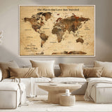 50680593-MGV-CV-36X24-Personalized World Map Wall Art – Rustic Brown Adventure Travel Map with Custom Names, Elegant Push Pin Canvas for Couples Home,