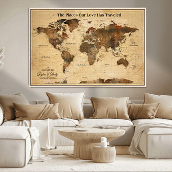 50680593-MGV-CV-36X24-Personalized World Map Wall Art – Rustic Brown Adventure Travel Map with Custom Names, Elegant Push Pin Canvas for Couples Home,