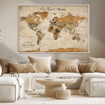 91961147-MGV-CV-36X24-Personalized World Map Wall Art – Vintage Sepia Adventure Travel Map with Custom Couple Names, Rustic Wall Decor for Home, Couples