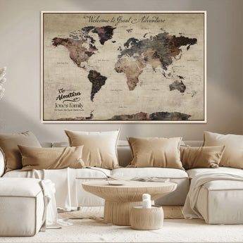 78610079-MGV-CV-36X24-Personalized World Map Wall Art – Vintage Rustic Travel Map with Custom Family Name, Adventure Wall Decor for Home, Family Gift or
