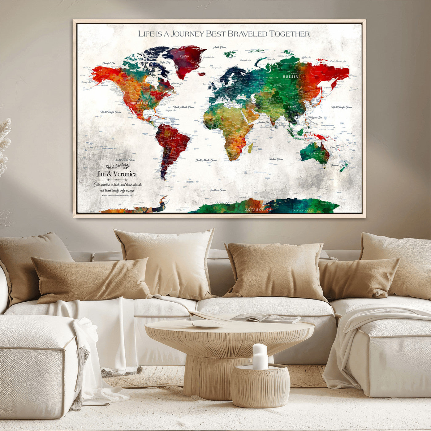 95876117-MGV-CV-36X24-Personalized World Map Wall Art – Colorful Watercolor Travel Map with Custom Names, Romantic Wall Decor for Couples, Wedding or