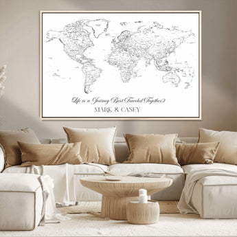 43438578-MGV-CV-36X24-Personalized World Map Wall Art – Black and White Minimal Travel Map with Custom Names, Elegant Wall Decor for Couples, Wedding or