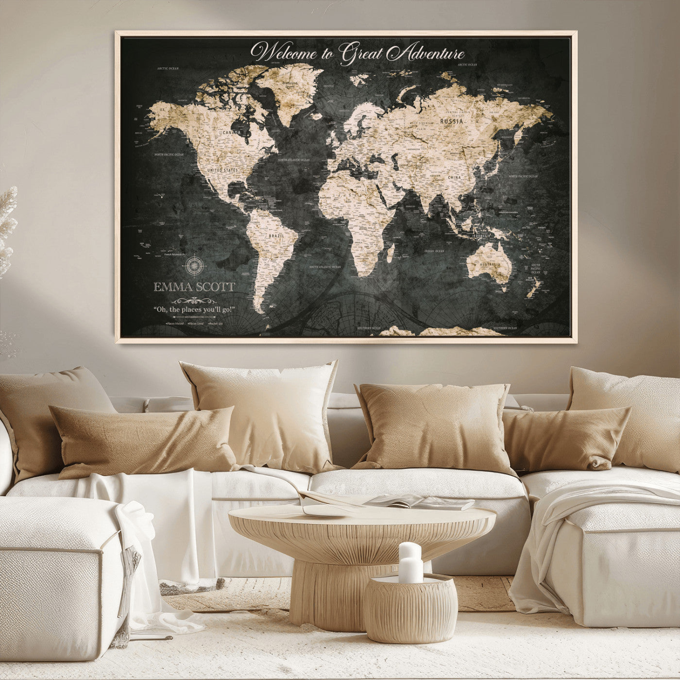 70534097-MGV-CV-36X24-Personalized World Map Wall Art – Dark Vintage Adventure Style Travel Map with Custom Names, Unique Wall Decor for Couples, Home