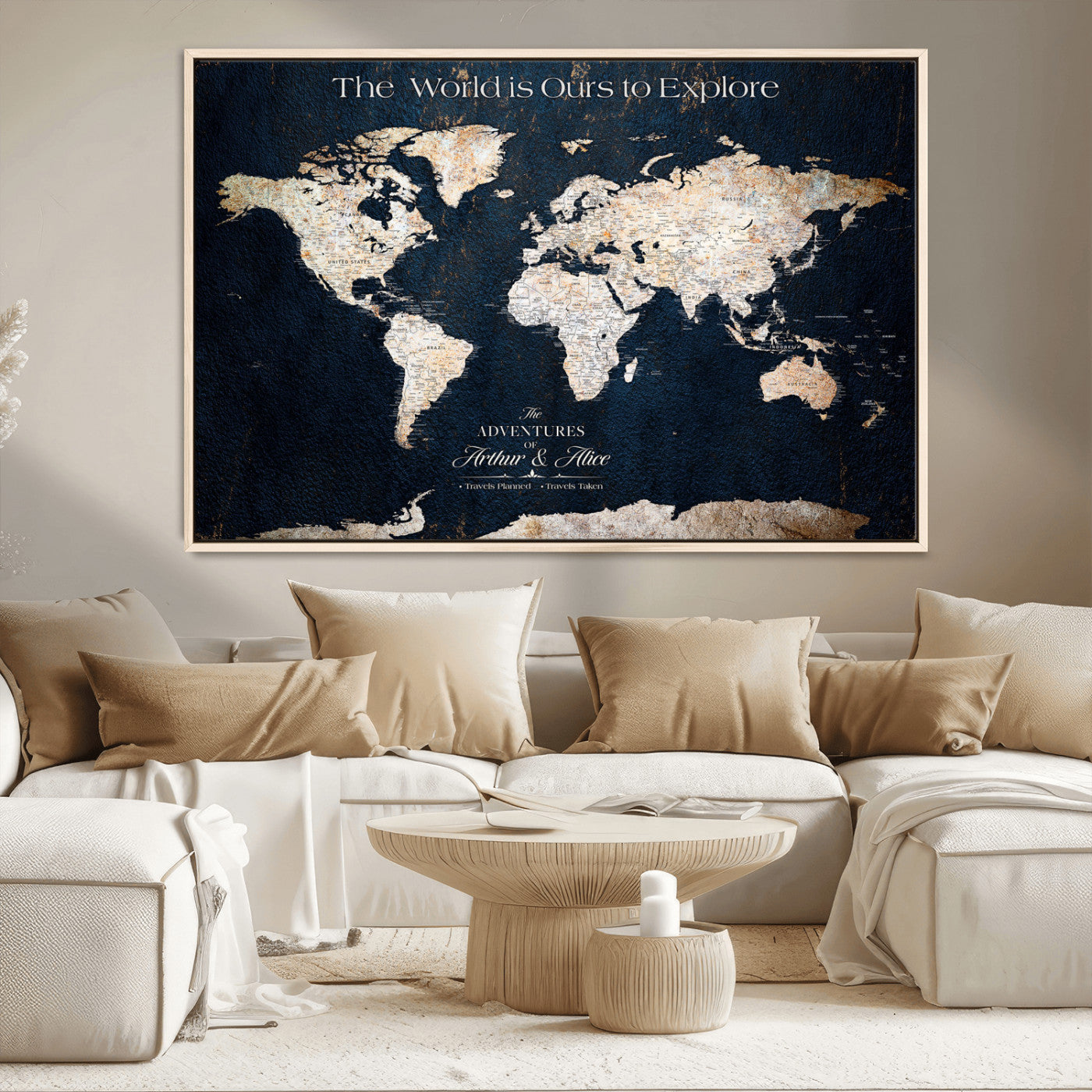13231361-MGV-CV-36X24-Personalized World Map Wall Art – Navy Blue Vintage Adventure Travel Map with Custom Names, Elegant Push Pin Canvas for Couples