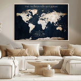 13231361-MGV-CV-36X24-Personalized World Map Wall Art – Navy Blue Vintage Adventure Travel Map with Custom Names, Elegant Push Pin Canvas for Couples