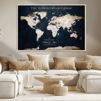 13231361-MGV-CV-36X24-Personalized World Map Wall Art – Navy Blue Vintage Adventure Travel Map with Custom Names, Elegant Push Pin Canvas for Couples