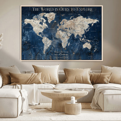 16933330-MGV-CV-36X24-Personalized World Map Wall Art – Navy Blue Vintage Travel Map with Custom Names, Anniversary Gift for Couples Romantic Adventure