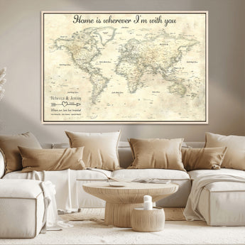 35009043-MGV-CV-36X24-Personalized World Map Wall Art – Vintage Beige Travel Map with Custom Names and Date, Romantic Anniversary Gift for Couples Home