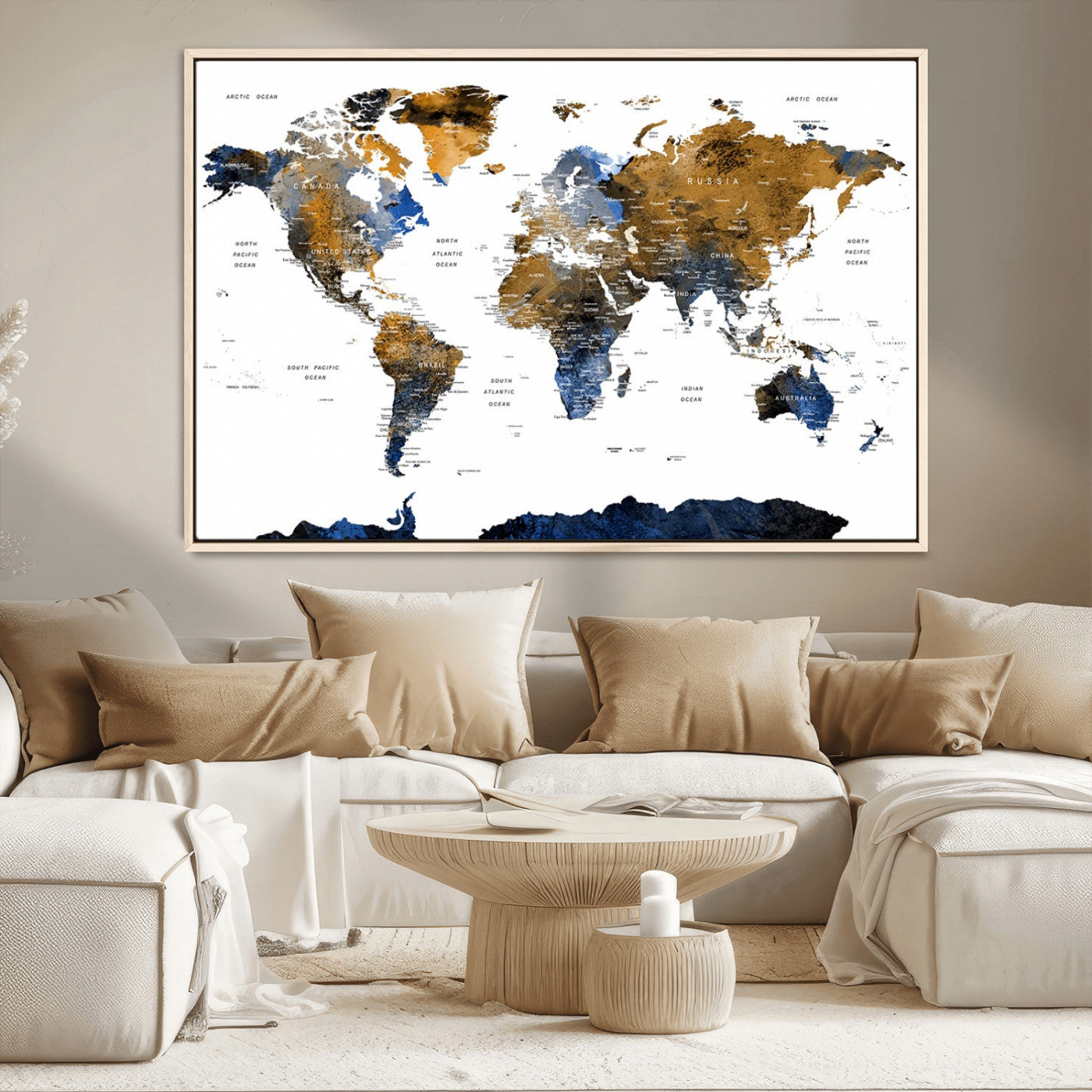 MGV-FC-36X24 - World Map Wall Art Canvas Print, Framed Blue Gold Map Art Picture Print, Rustic Atlas Perfect Rustic Modern Decor Artwork