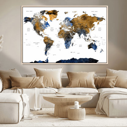 MGV-FC-36X24 - World Map Wall Art Canvas Print, Framed Blue Gold Map Art Picture Print, Rustic Atlas Perfect Rustic Modern Decor Artwork