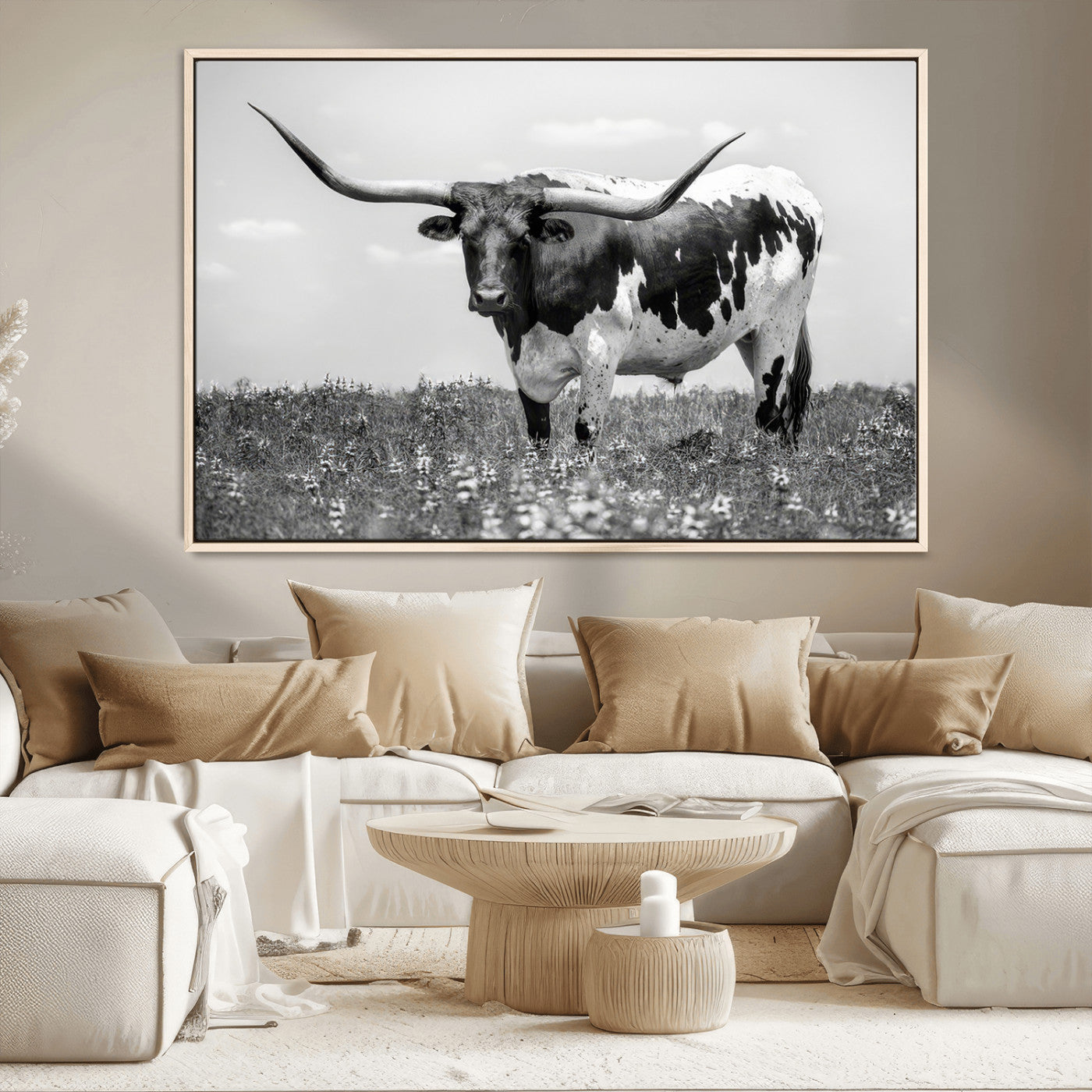 83785-MGV-CV-36X24-Texas Longhorn Wall Art Canvas Print, Framed Horned Bull Art Picture Print, Monochrome Cattle Perfect Rustic Western Decor Artwork