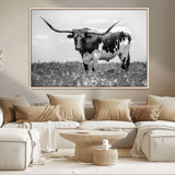 83785-MGV-CV-36X24-Texas Longhorn Wall Art Canvas Print, Framed Horned Bull Art Picture Print, Monochrome Cattle Perfect Rustic Western Decor Artwork