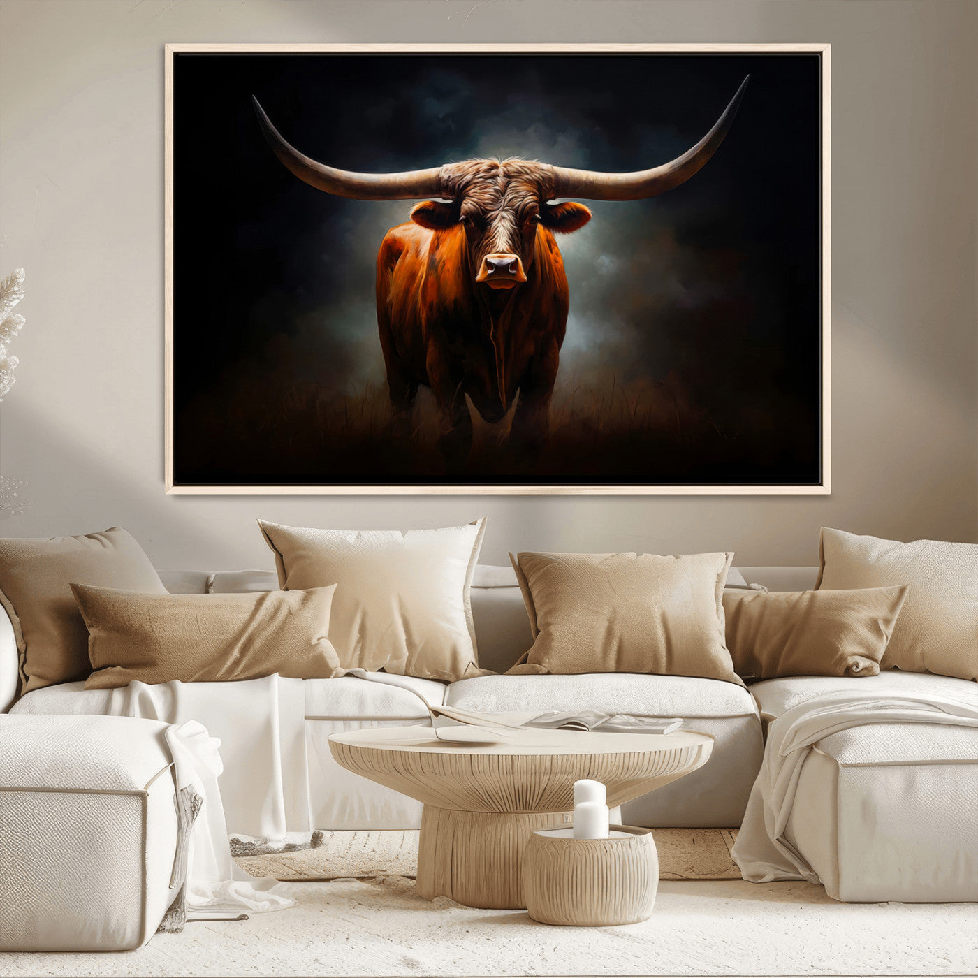 12484-MGV-CV-36X24-Texas Longhorn Wall Art Canvas Print, Framed Western Bull Art Picture Print, Moody Cattle Perfect Moody Western Decor Artwork