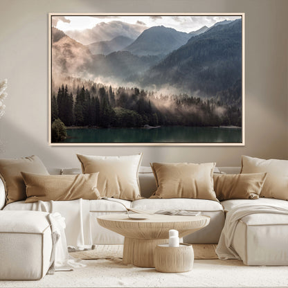64758-MGV-CV-36X24-Misty Mountains Wall Art Canvas Print, Framed Moody Pines Art Picture Print, Forest Lake Perfect Moody Alpine Decor Artwork