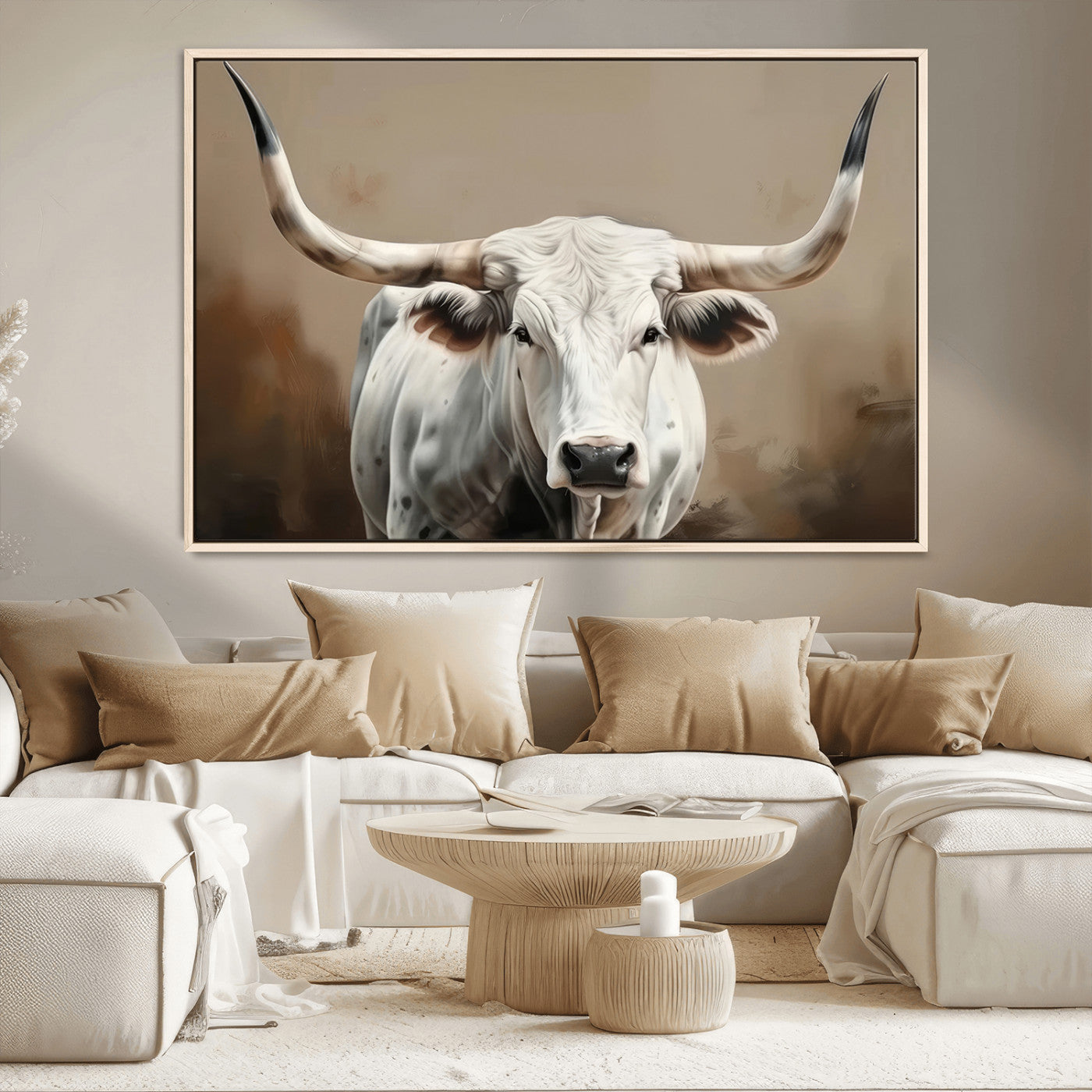 63550-MGV-CV-36X24-Texas Longhorn Wall Art Canvas Print, Framed White Bull Art Picture Print, Horned Cattle Perfect Rustic Western Decor Artwork