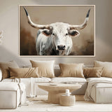 63550-MGV-CV-36X24-Texas Longhorn Wall Art Canvas Print, Framed White Bull Art Picture Print, Horned Cattle Perfect Rustic Western Decor Artwork