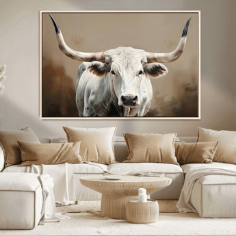 63550-MGV-CV-36X24-Texas Longhorn Wall Art Canvas Print, Framed White Bull Art Picture Print, Horned Cattle Perfect Rustic Western Decor Artwork