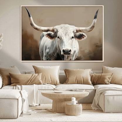 63550-MGV-CV-36X24-Texas Longhorn Wall Art Canvas Print, Framed White Bull Art Picture Print, Horned Cattle Perfect Rustic Western Decor Artwork