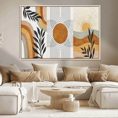 32359-MGV-CV-36X24-Modern Sun Wall Art Canvas Print, Framed Retro Horizon Art Picture Print, Sunburst Design Perfect Mid Century Boho Decor Artwork