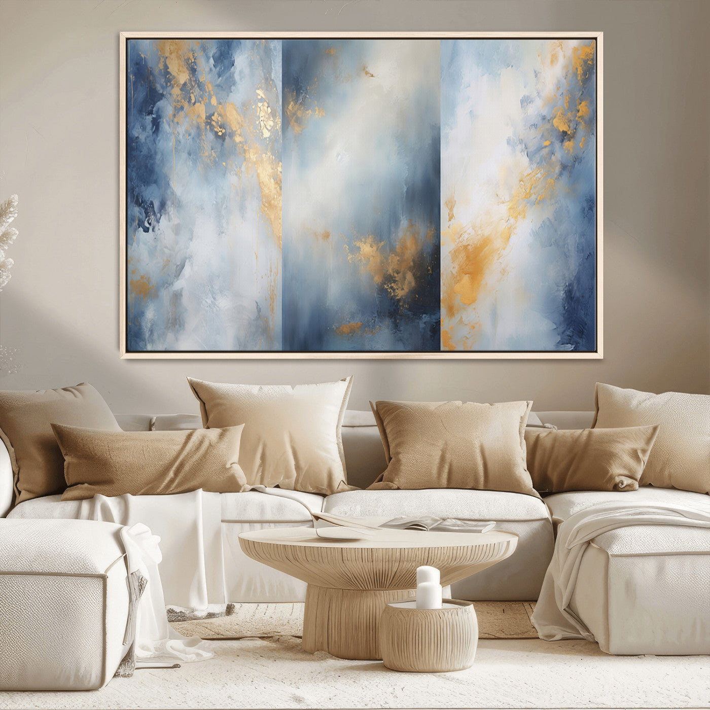 41836-MGV-CV-36X24-Abstract Gold Wall Art Canvas Print, Framed Blue Layers Art Picture Print, Elegant Cloud Perfect Elegant Minimalist Decor Artwork