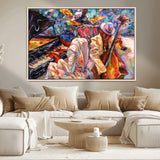 13675-MGV-CV-36X24-Jazz Band Wall Art Canvas Print, Framed Jazz Oil Painting Art Picture Print, Vibrant Music Perfect Abstract Musical Decor Artwork