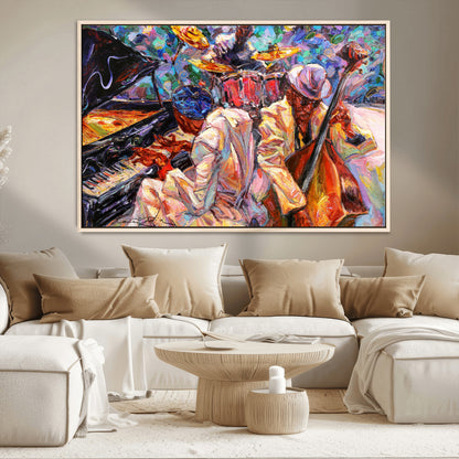13675-MGV-CV-36X24-Jazz Band Wall Art Canvas Print, Framed Jazz Oil Painting Art Picture Print, Vibrant Music Perfect Abstract Musical Decor Artwork