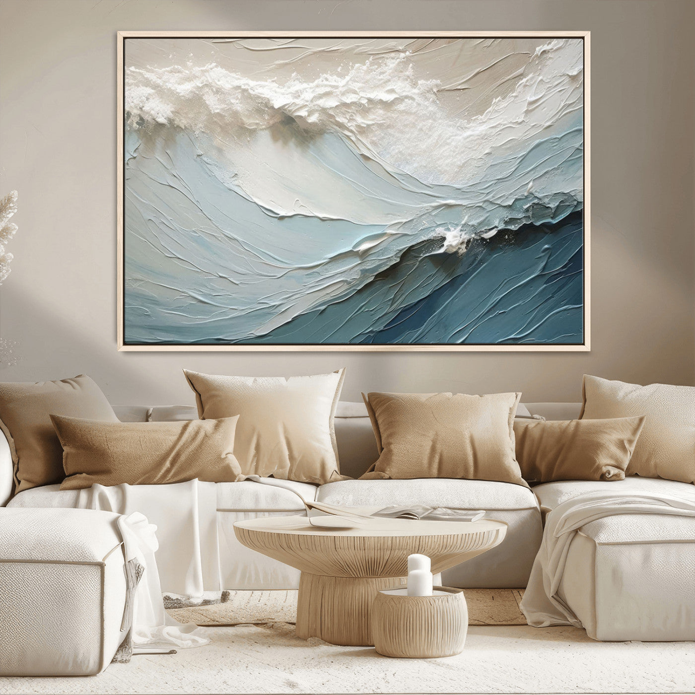 53646-MGV-FC-36X24_Natural-Ocean Wave Wall Art Canvas Print, Framed Textured Seascape Art Picture Print, Modern Ocean Perfect Minimal Coastal 2/2 Decor