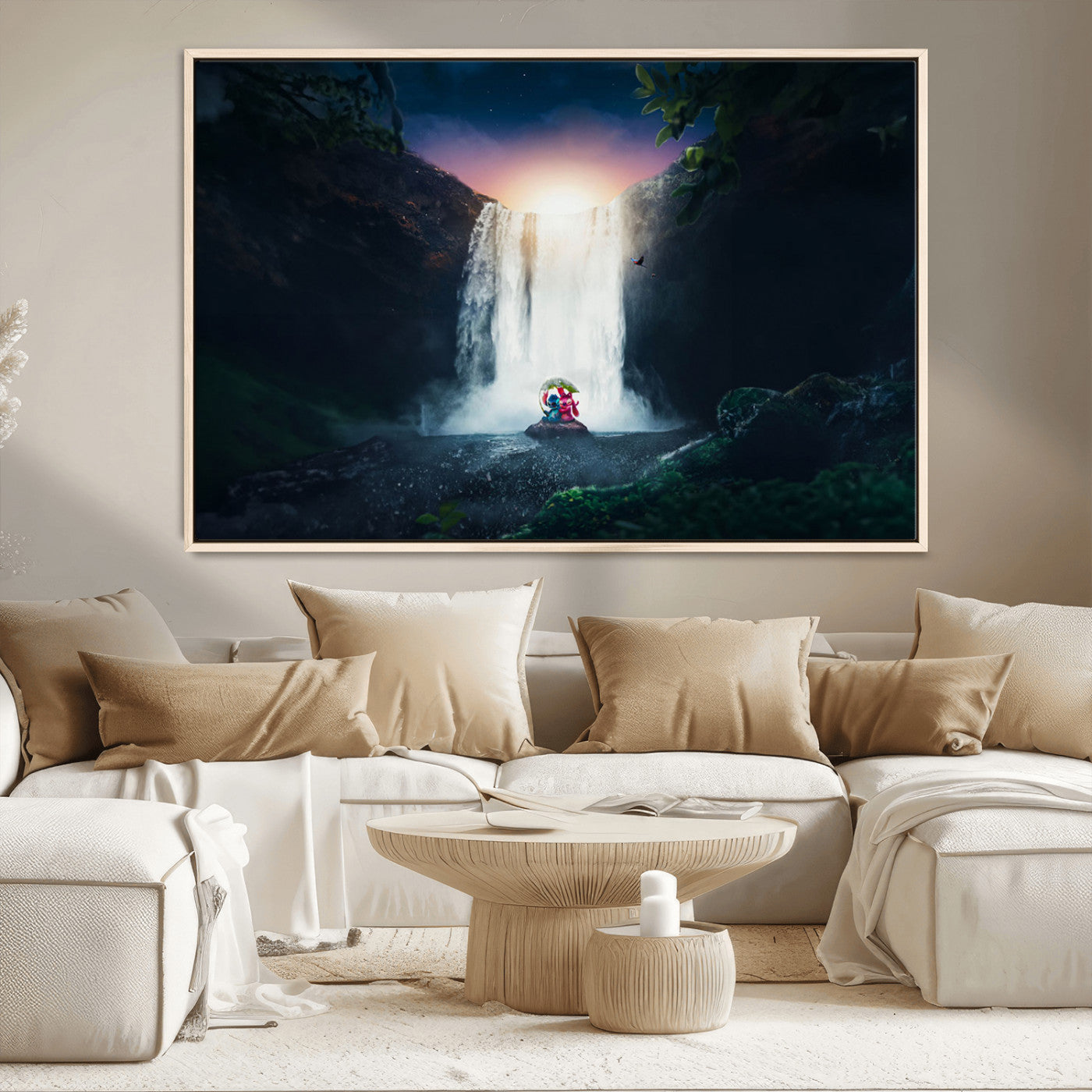 56359-MGV-CV-36X24-Lilo Stitch Wall Art Canvas Print, Framed Stitch Angel Art Picture Print, Cartoon Waterfall Perfect Tropical Fantasy Decor Artwork