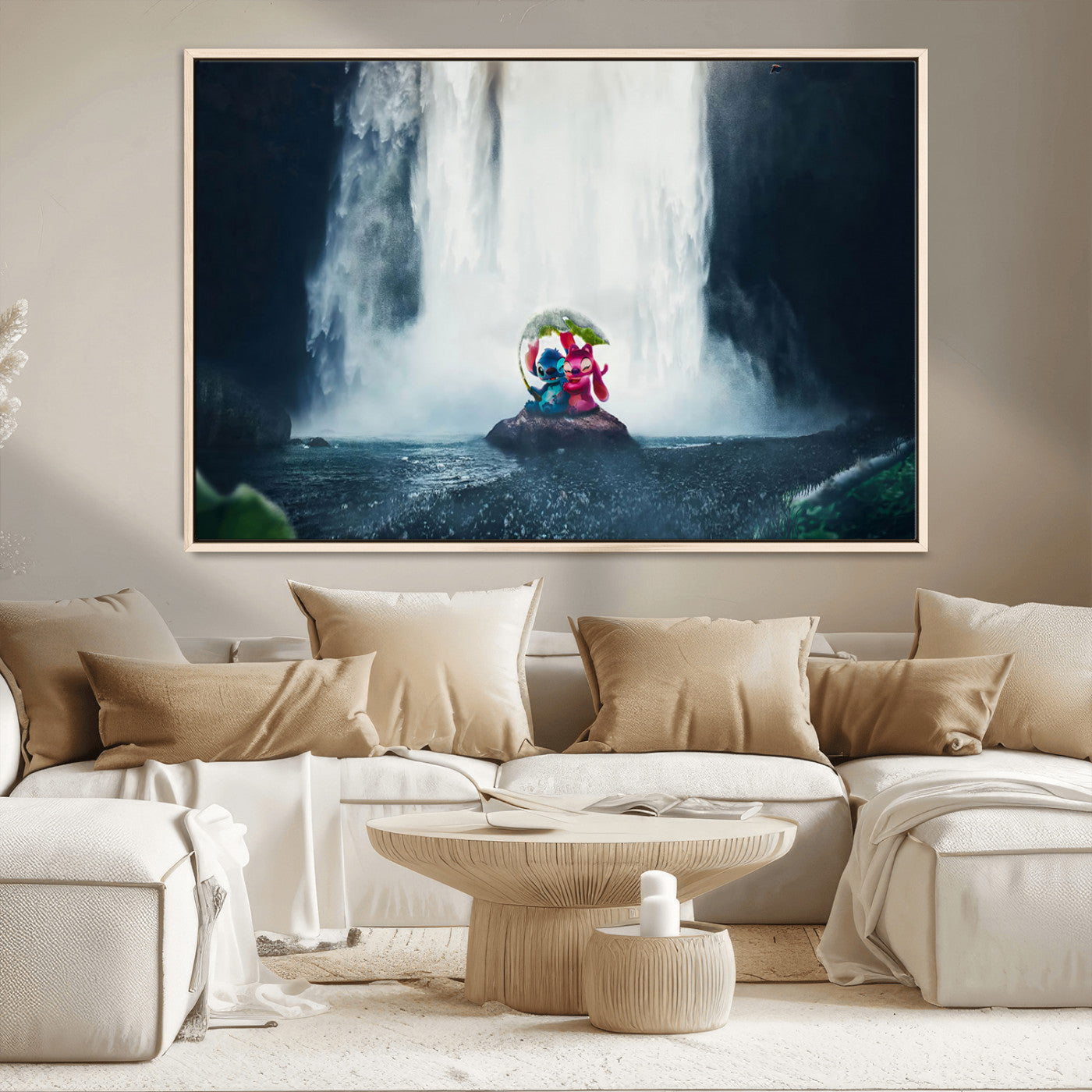 32259-MGV-CV-36X24-Stitch Angel Wall Art Canvas Print, Framed Stitch Waterfall Art Picture Print, Cartoon Couple Perfect Moody Fantasy Decor Artwork