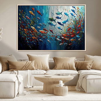 89626-MGV-CV-36X24-Fish Swarm Wall Art Canvas Print, Framed Abstract Ocean Art Picture Print, Underwater Life Perfect Vibrant Coastal Decor Artwork