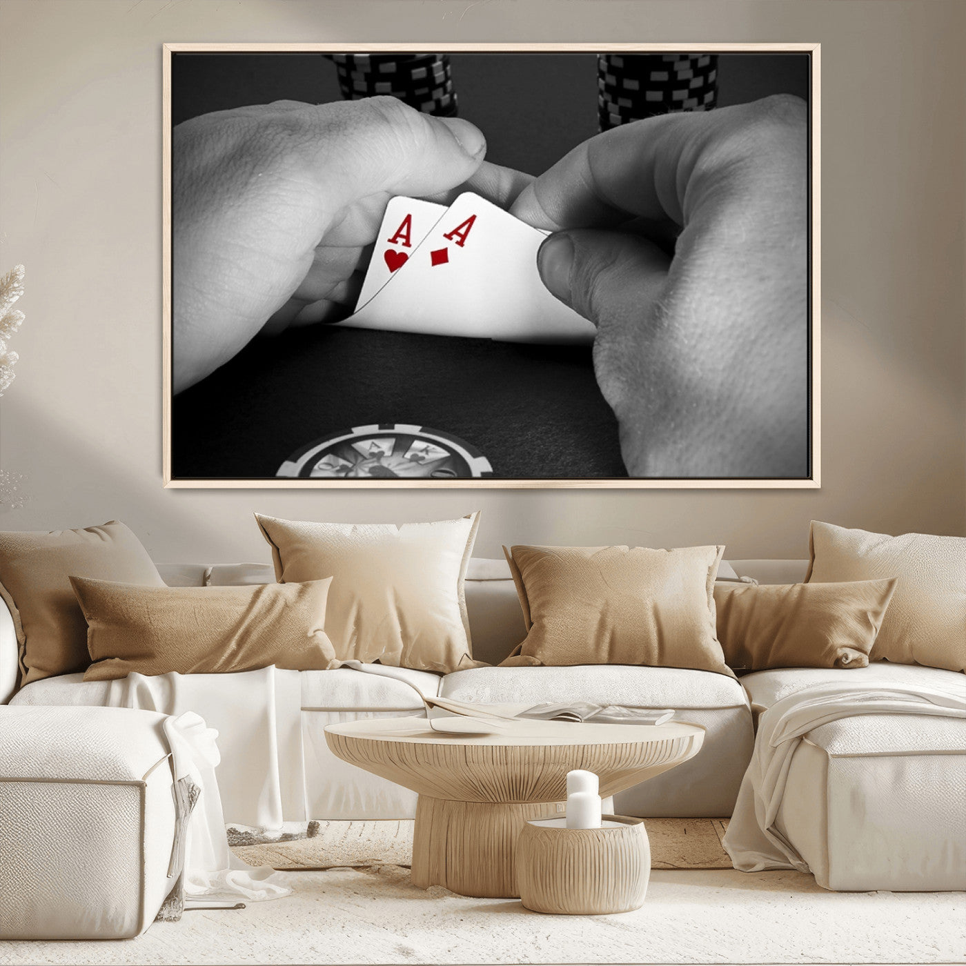 62460-MGV-CV-36X24-Poker Game Wall Art – Close Up of Hands Holding Aces with Chips, Casino Style Decor for Game Room, Man Cave or Office