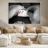 62460-MGV-CV-36X24-Poker Game Wall Art – Close Up of Hands Holding Aces with Chips, Casino Style Decor for Game Room, Man Cave or Office