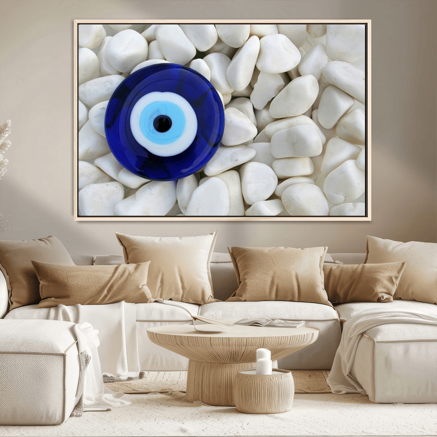 48883-MGV-CV-36X24-Evil Eye Wall Art – Deep Blue Symbol of Presence and Calm on White Stones, Subtle Spiritual Decor for Entryway, Studio, Office or