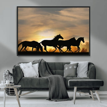16620-MGV-CV-36X24-Sunset Stallions Wall Art – Silhouetted Horses Running Canvas Print, Nature’s Rhythm, Perfect for Living Room, Office, or Man Cave