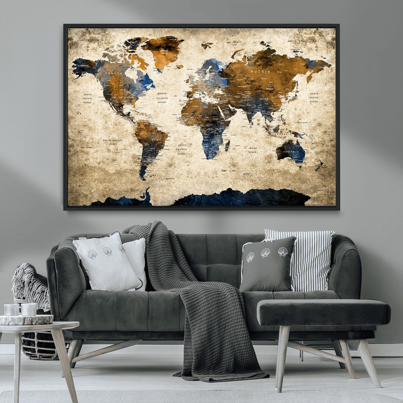 49876-MGV-CV-36X24-Vintage Blue and Brown World Map Canvas Wall Art – Rustic Travel Map Print, Large Framed Wall Decor for Living Room, Study, Home or Office