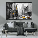 32362-MGV-CV-36X24-NYC Street Wall Art – Black and White Cityscape with Yellow Taxis and Umbrella Canvas Print, Urban Home Decor for Living Room or