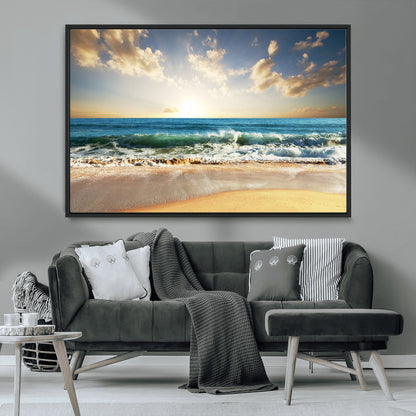 13139-MGV-CV-36X24-Sunrise Beach Wall Art – Ocean Waves and Golden Sand Canvas Print, Coastal Home Decor for Living Room, Bedroom, or Office
