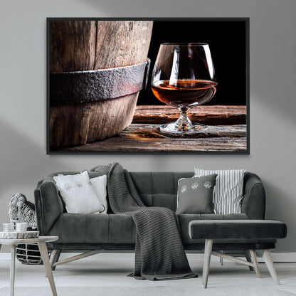 50839-MGV-CV-36X24-Barrel & Brandy Wall Art – Rustic Whiskey Barrel and Brandy Glass Canvas Print, Elegant Home Bar or Lounge Decor for Office, Man
