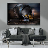 78049-MGV-CV-36X24-Whiskey Barrel Wall Art – Rustic Whiskey Barrel and Glass with Ice Canvas Print, Classic Bar or Lounge Decor for Home, Office, or
