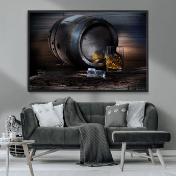 78049-MGV-CV-36X24-Whiskey Barrel Wall Art – Rustic Whiskey Barrel and Glass with Ice Canvas Print, Classic Bar or Lounge Decor for Home, Office, or