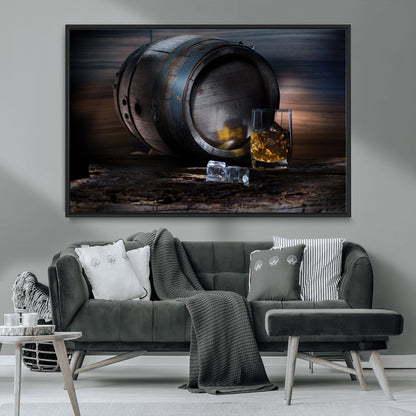78049-MGV-CV-36X24-Whiskey Barrel Wall Art – Rustic Whiskey Barrel and Glass with Ice Canvas Print, Classic Bar or Lounge Decor for Home, Office, or