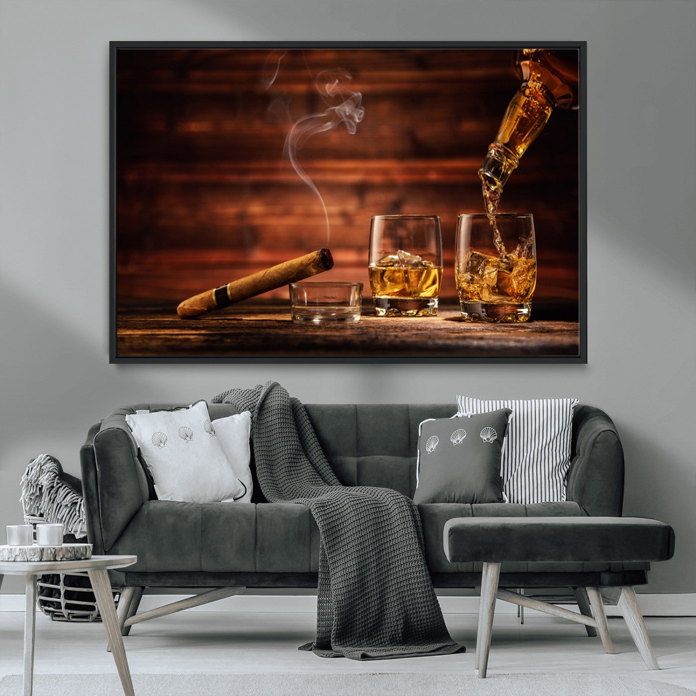 91042-MGV-CV-36X24-Whiskey & Cigar Wall Art – Elegant Whiskey Pour and Smoldering Cigar Canvas Print, Sophisticated Bar or Lounge Decor for Home,